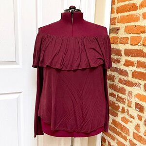 NWT Forever 21 Long Sleeve Burgundy Off The Shoulder Bardot Top with Flounce